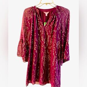 NEW Lilly Pulitzer MATILDA SILK dress bell sleeve GORGEOUS wine gold sparkle XXS